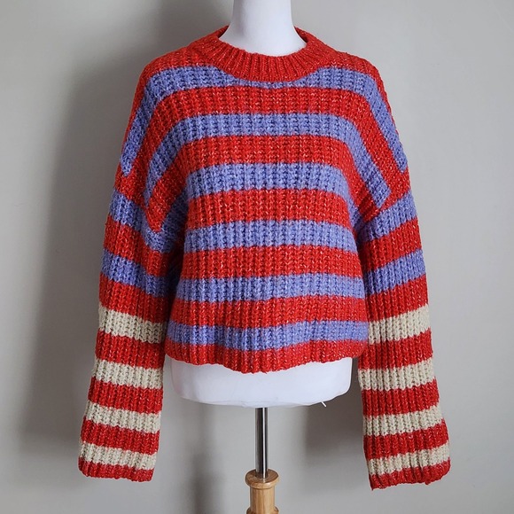 Handmade Sweaters - Striped Chunky Knit Sweater Womens Medium Red Purple Cropped Grunge Wool Blend